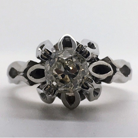 1 Carat Old-Mine Round-Cut Vintage Diamond Engagement Ring in 14k White Gold